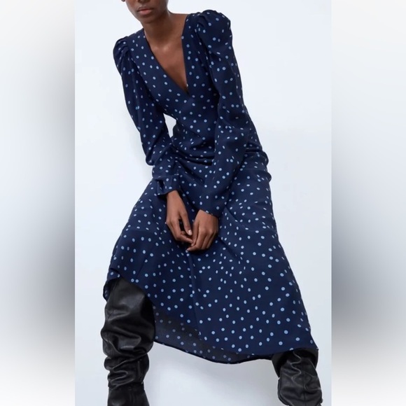 ZARA Midi Maxi Blue Polka Dots Dress puff Long Sleeves Size XS - Picture 4 of 14